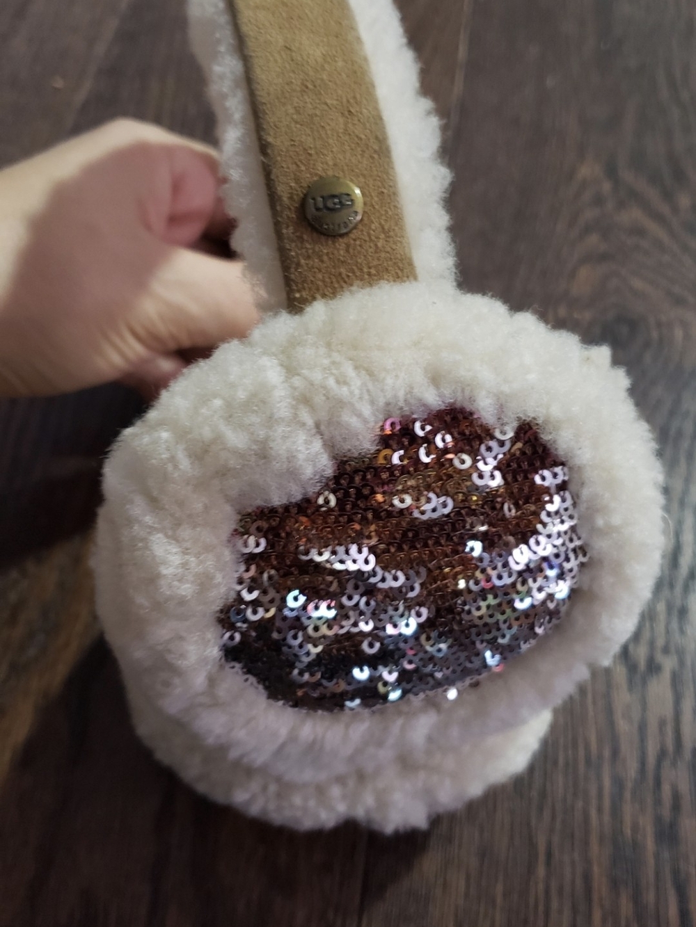 UGG Kids Cream Faux-Shearling Earmuffs with Reversible Rose Gold Sequins